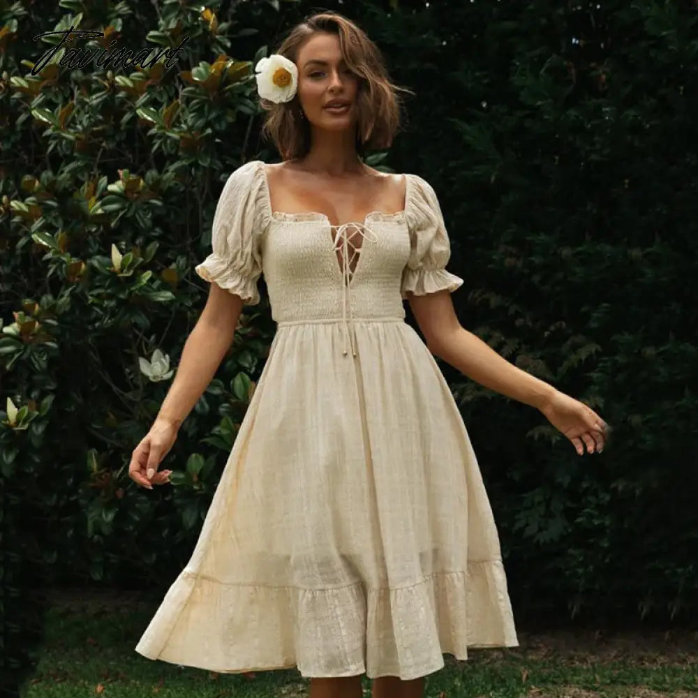 Elegant Square Collar Lace Up A-Line Summer Midi Dresses For Women Vintage Short Sleeve Backless Ruffle Party Dress