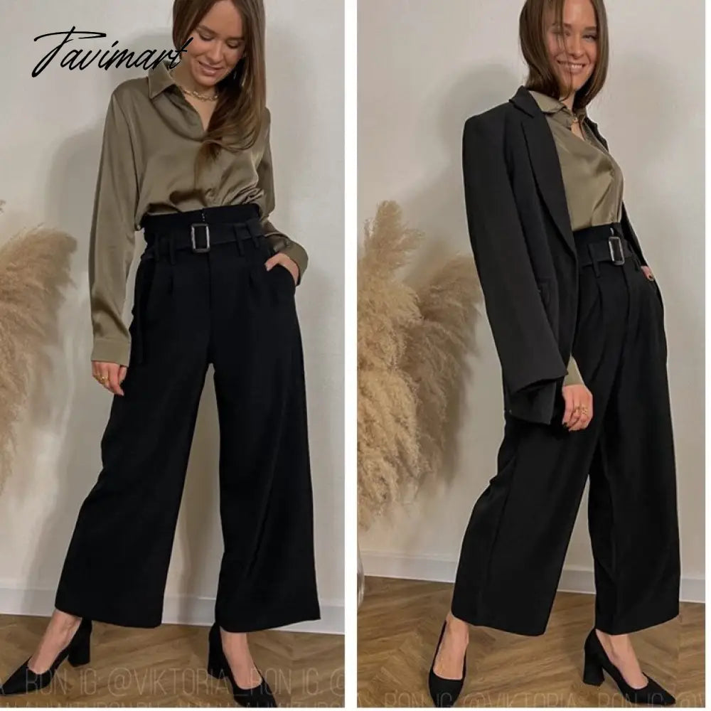Elegant Straight Pants Women Black Office Wear Blazer Pants Vintage Wide Leg Long Trousers Mujer Chic Office Lady Pants