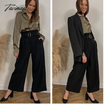 Elegant Straight Pants Women Black Office Wear Blazer Pants Vintage Wide Leg Long Trousers Mujer Chic Office Lady Pants