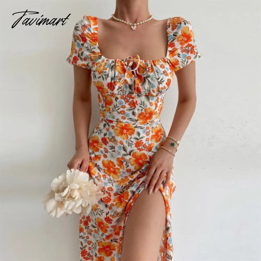 Elegant Sweet Floral Print Dress for Women Summer Dresses New Strapless Short Puff Sleeve Slim Hem Slit Maxi Dress