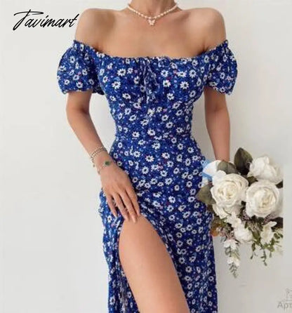 Elegant Sweet Floral Print Dress for Women Summer Dresses New Strapless Short Puff Sleeve Slim Hem Slit Maxi Dress