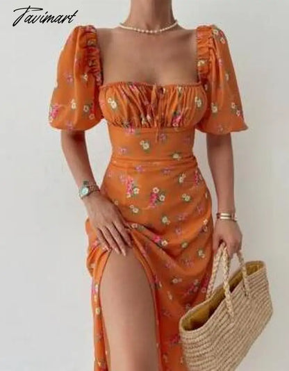Elegant Sweet Floral Print Dress for Women Summer Dresses New Strapless Short Puff Sleeve Slim Hem Slit Maxi Dress