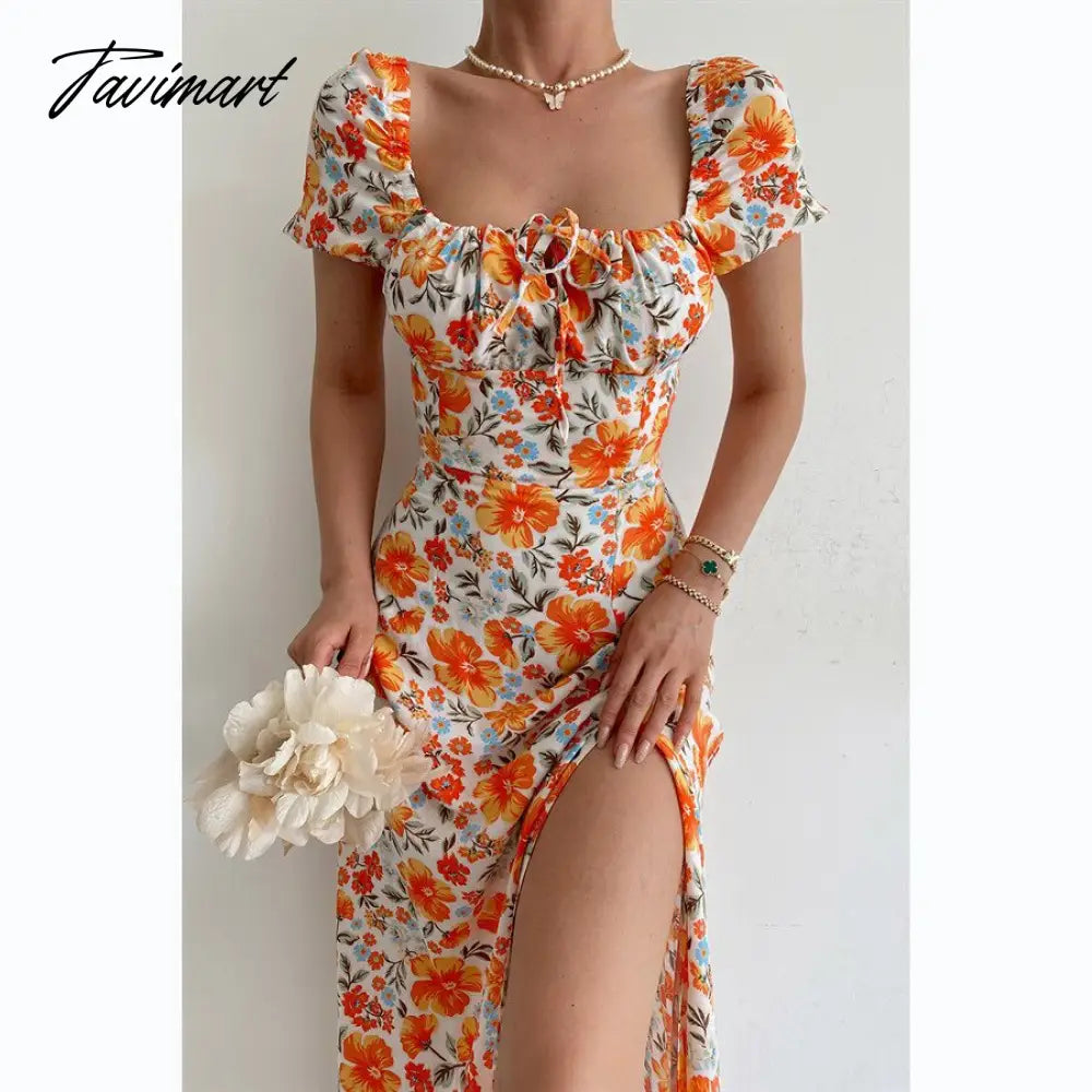 Elegant Sweet Floral Print Dress for Women Summer Dresses New Strapless Short Puff Sleeve Slim Hem Slit Maxi Dress
