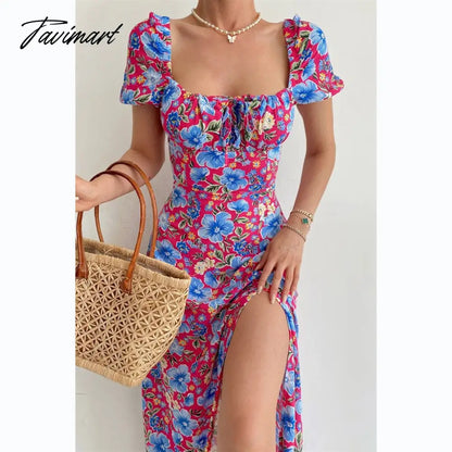 Elegant Sweet Floral Print Dress for Women Summer Dresses New Strapless Short Puff Sleeve Slim Hem Slit Maxi Dress