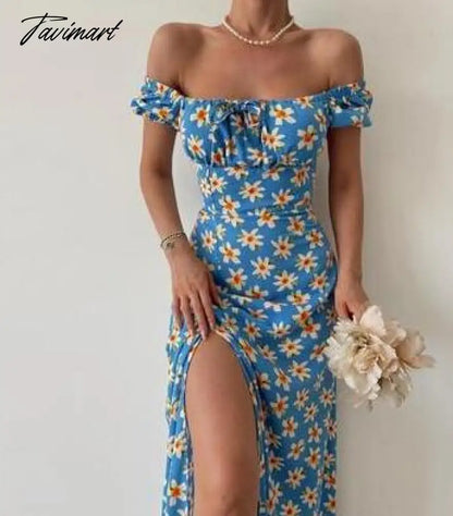 Elegant Sweet Floral Print Dress for Women Summer Dresses New Strapless Short Puff Sleeve Slim Hem Slit Maxi Dress