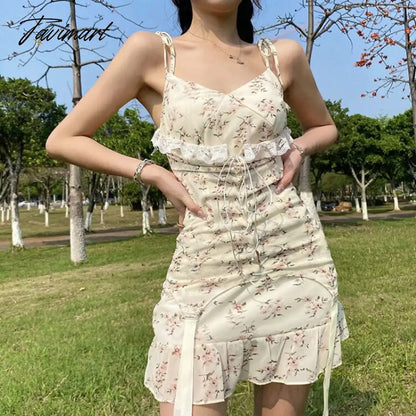 Elegant Sweet Floral Strap Dress for Women Summer New Slim Fit Lace Up Dresses All-match High Waist Ruffles Vestido De Mujer