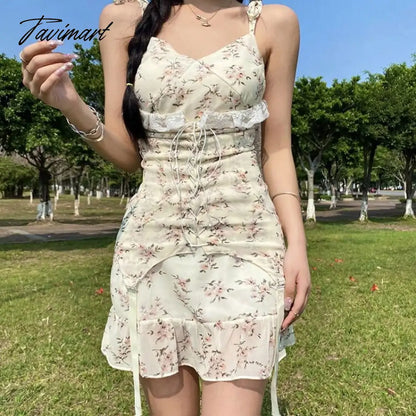 Elegant Sweet Floral Strap Dress for Women Summer New Slim Fit Lace Up Dresses All-match High Waist Ruffles Vestido De Mujer