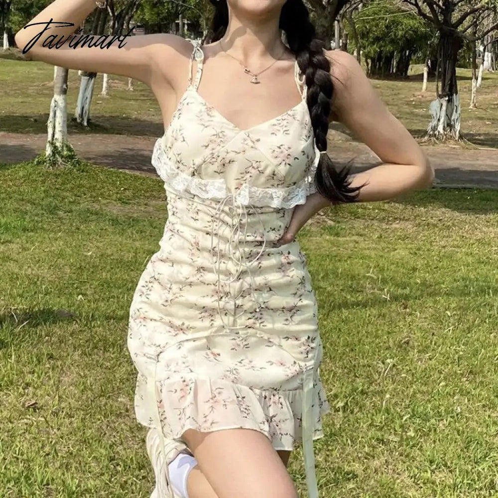 Elegant Sweet Floral Strap Dress for Women Summer New Slim Fit Lace Up Dresses All-match High Waist Ruffles Vestido De Mujer