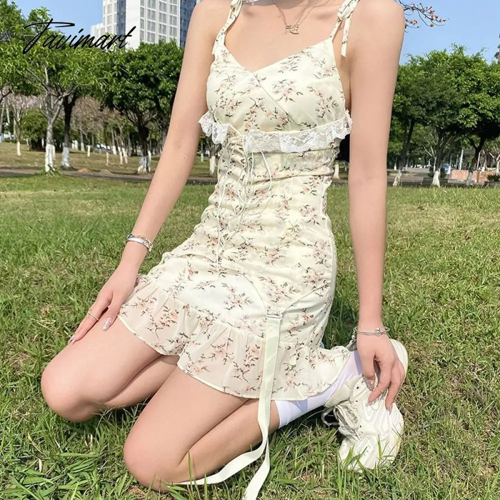 Elegant Sweet Floral Strap Dress for Women Summer New Slim Fit Lace Up Dresses All-match High Waist Ruffles Vestido De Mujer
