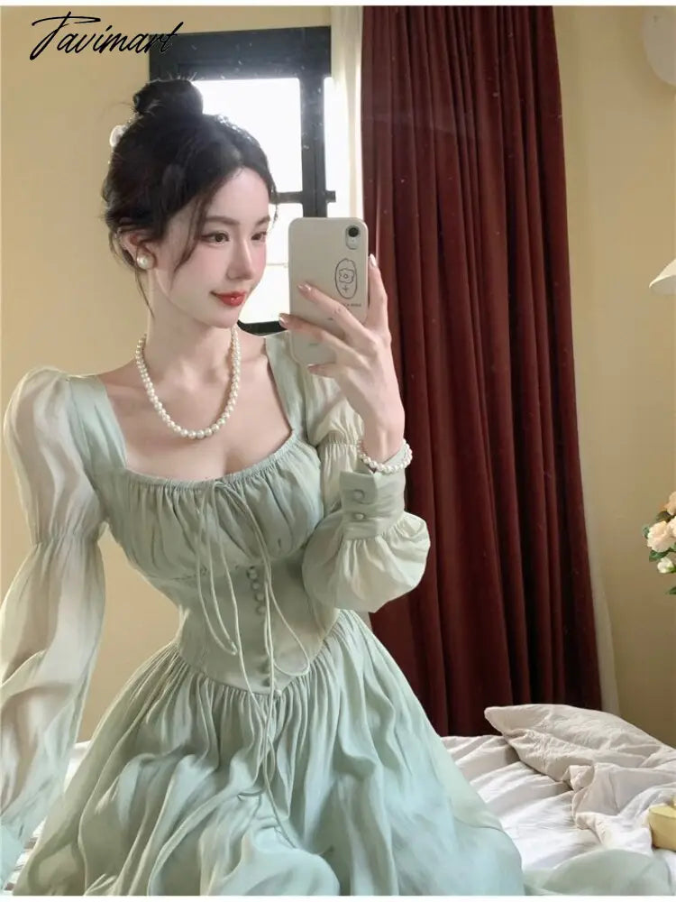 Elegant Sweet Square Collar Lace Up Dress for Women Spring New Puff Sleeve Vestidos Mujer High Waist Slim Ruched Long Dresses