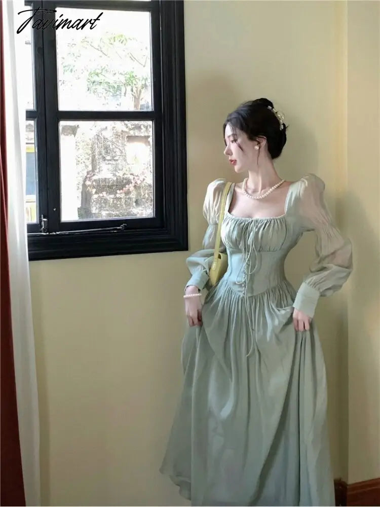 Elegant Sweet Square Collar Lace Up Dress for Women Spring New Puff Sleeve Vestidos Mujer High Waist Slim Ruched Long Dresses