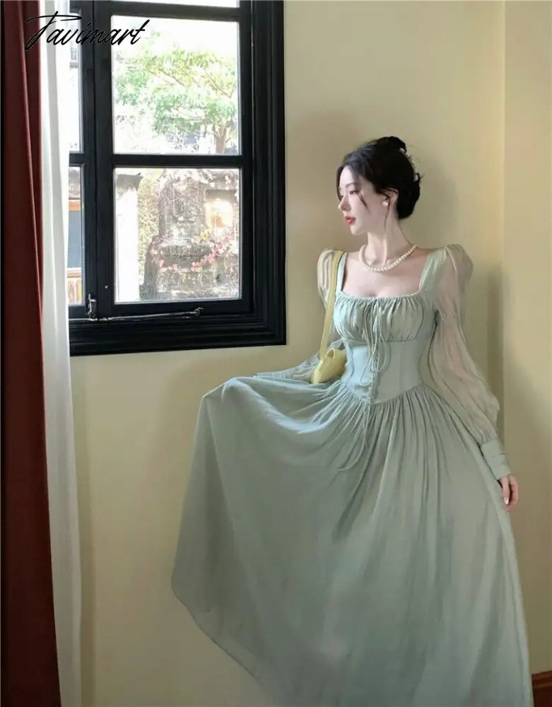 Elegant Sweet Square Collar Lace Up Dress for Women Spring New Puff Sleeve Vestidos Mujer High Waist Slim Ruched Long Dresses