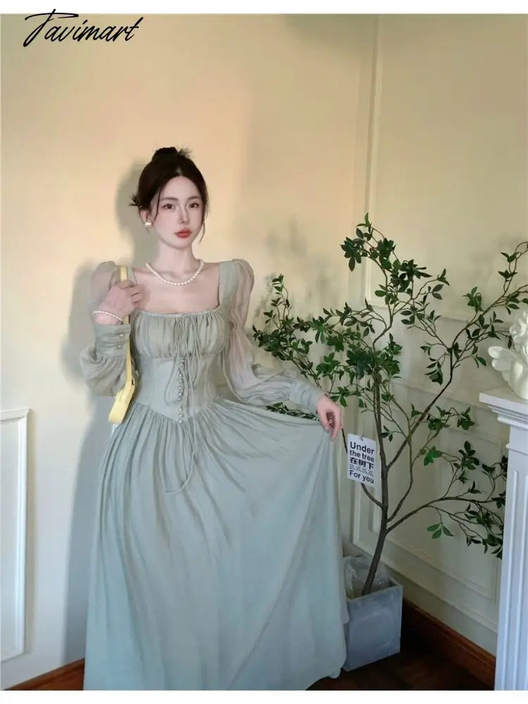 Elegant Sweet Square Collar Lace Up Dress for Women Spring New Puff Sleeve Vestidos Mujer High Waist Slim Ruched Long Dresses