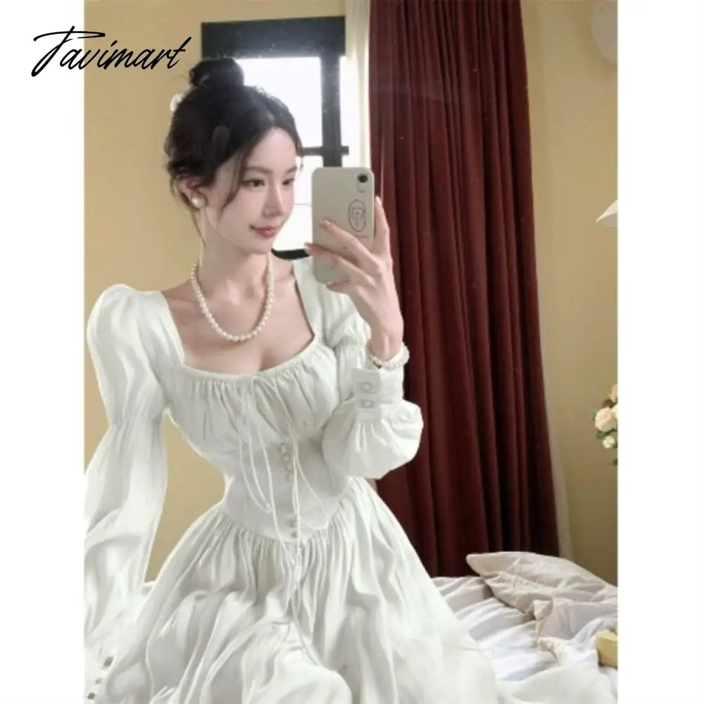 Elegant Sweet Square Collar Lace Up Dress for Women Spring New Puff Sleeve Vestidos Mujer High Waist Slim Ruched Long Dresses