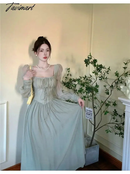 Elegant Sweet Square Collar Lace Up Dress for Women Spring New Puff Sleeve Vestidos Mujer High Waist Slim Ruched Long Dresses