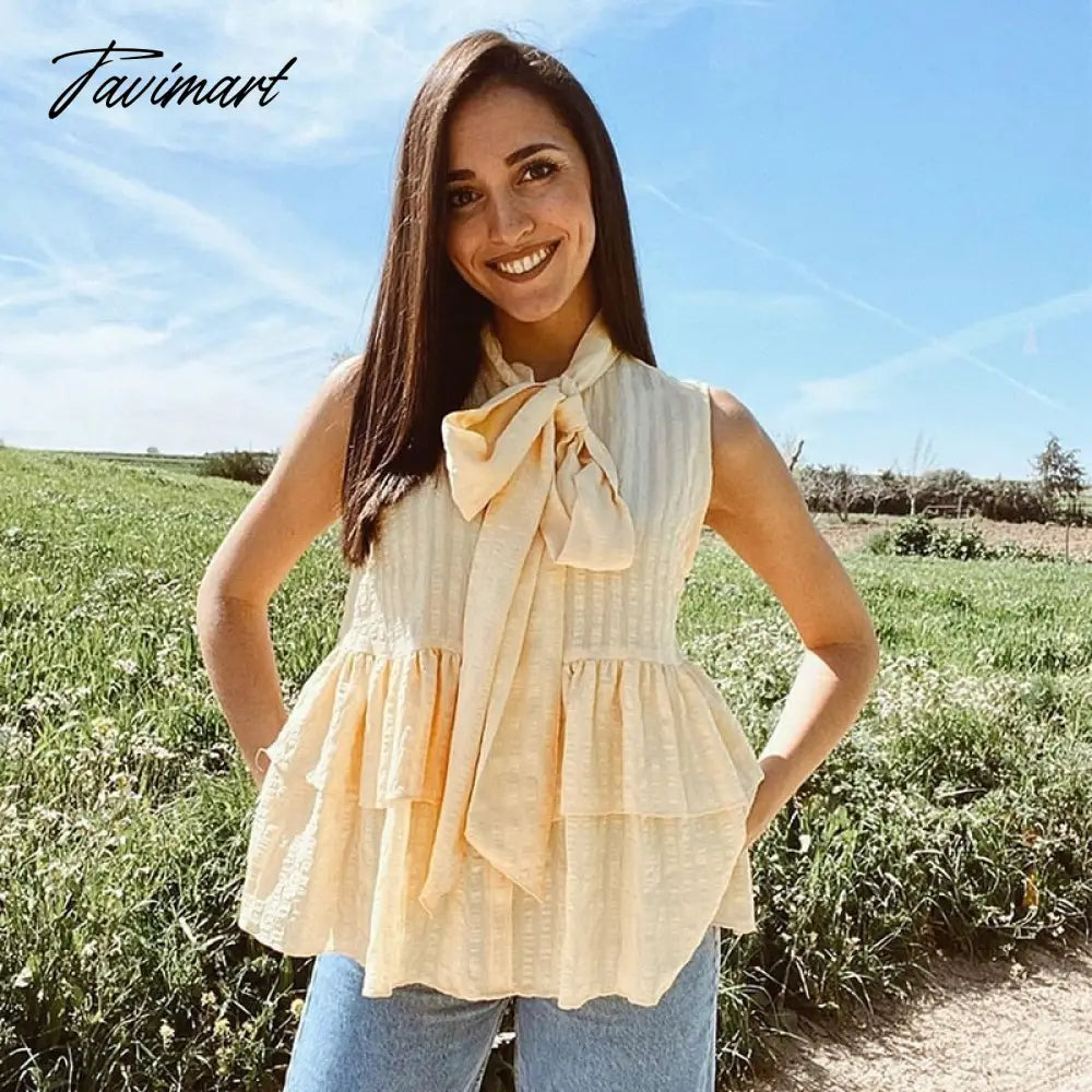 Elegant Tie a Bow Deep Ruffled Vintage Sleeveless Blouseрубашка женская Shirt Spring Summer Chic Tops