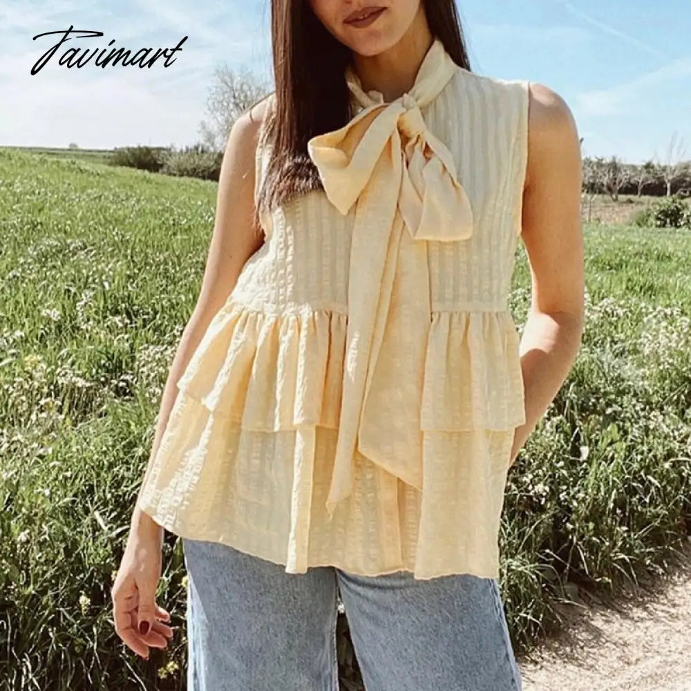 Elegant Tie a Bow Deep Ruffled Vintage Sleeveless Blouseрубашка женская Shirt Spring Summer Chic Tops