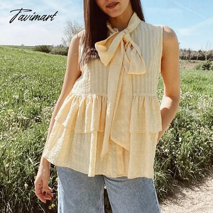 Elegant Tie a Bow Deep Ruffled Vintage Sleeveless Blouseрубашка женская Shirt Spring Summer Chic Tops