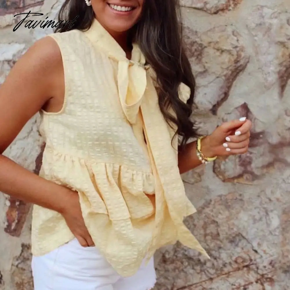 Elegant Tie a Bow Deep Ruffled Vintage Sleeveless Blouseрубашка женская Shirt Spring Summer Chic Tops