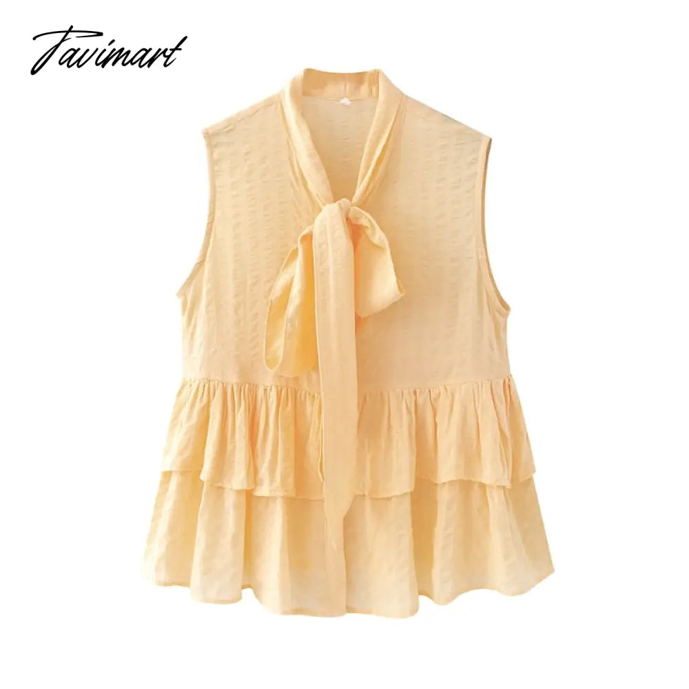 Elegant Tie a Bow Deep Ruffled Vintage Sleeveless Blouseрубашка женская Shirt Spring Summer Chic Tops