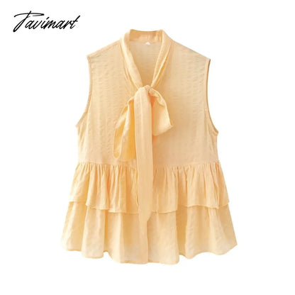 Elegant Tie a Bow Deep Ruffled Vintage Sleeveless Blouseрубашка женская Shirt Spring Summer Chic Tops