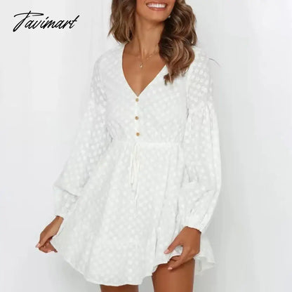 Elegant V Neck Lace A-Line White Dresses For Women Long Sleeve High Waist Lace Up Party Mini Dress Sweet Vestidos