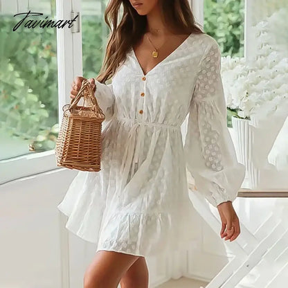 Elegant V Neck Lace A-Line White Dresses For Women Long Sleeve High Waist Lace Up Party Mini Dress Sweet Vestidos