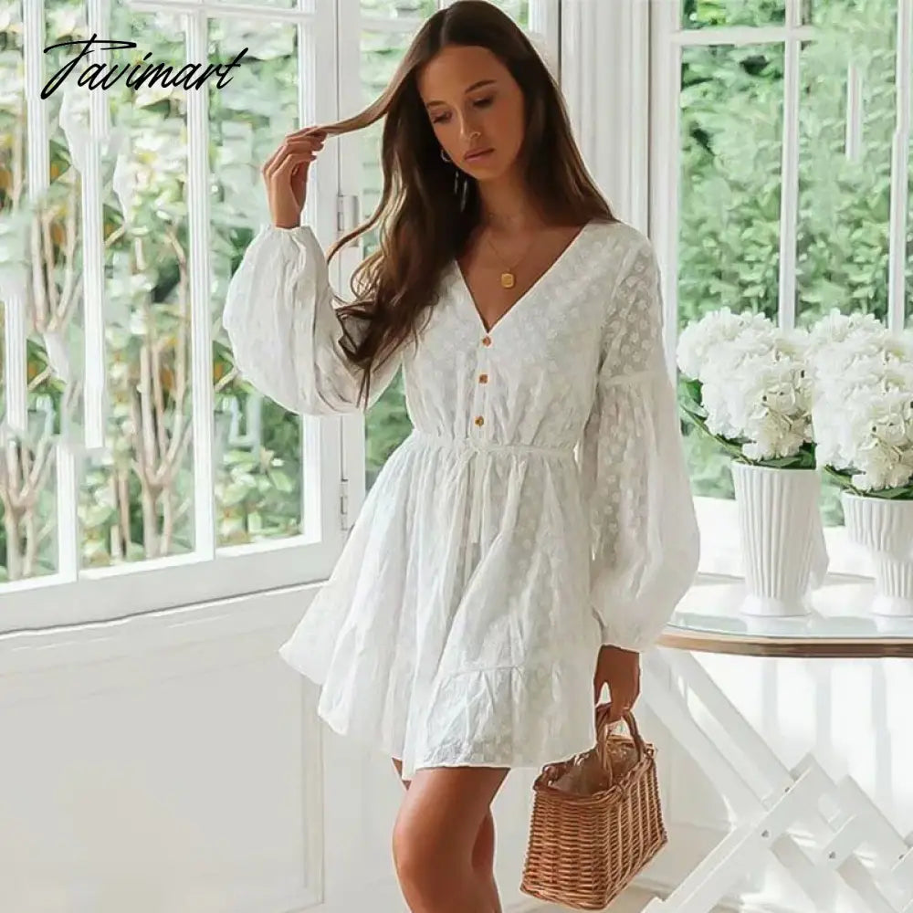 Elegant V Neck Lace A-Line White Dresses For Women Long Sleeve High Waist Lace Up Party Mini Dress Sweet Vestidos