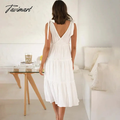 Elegant V Neck Lace Up Ruffle High Waist Summer Party платье женское Sexy Backless A-Line Boho White Midi Dress Vestidos
