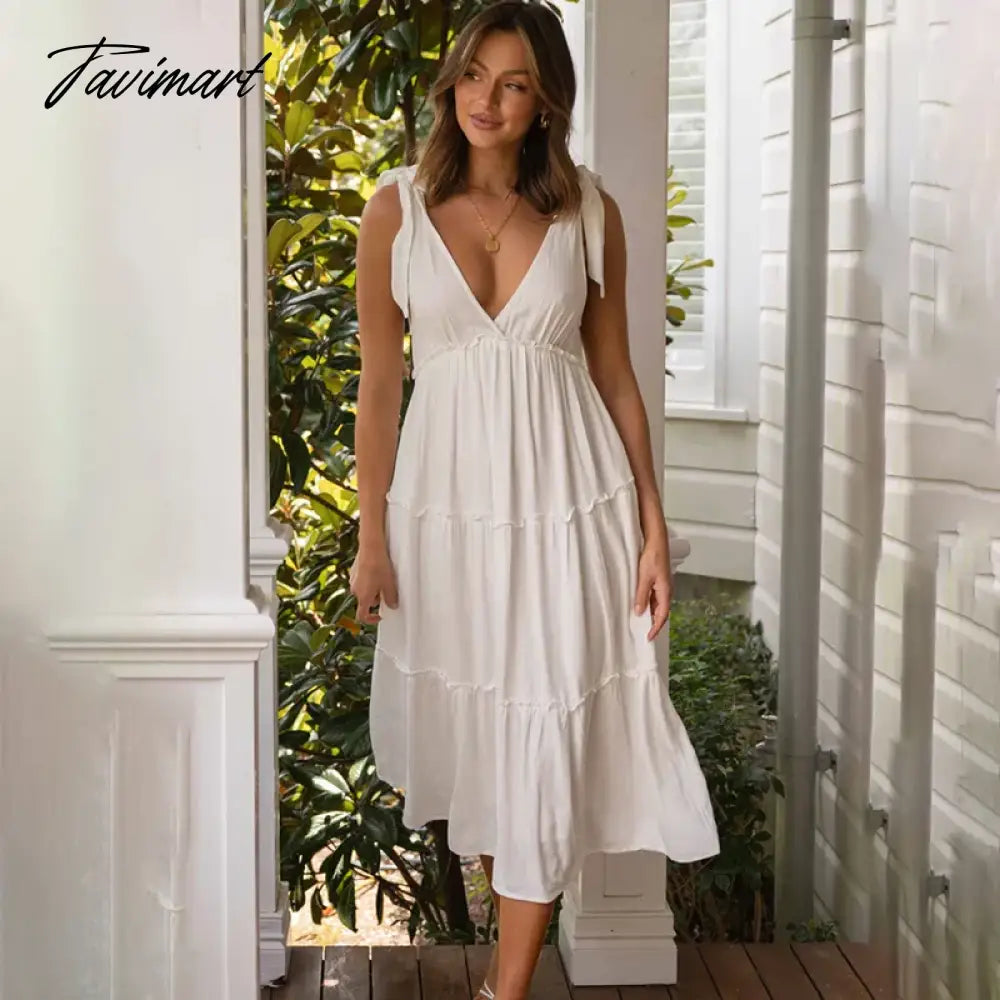 Elegant V Neck Lace Up Ruffle High Waist Summer Party платье женское Sexy Backless A-Line Boho White Midi Dress Vestidos