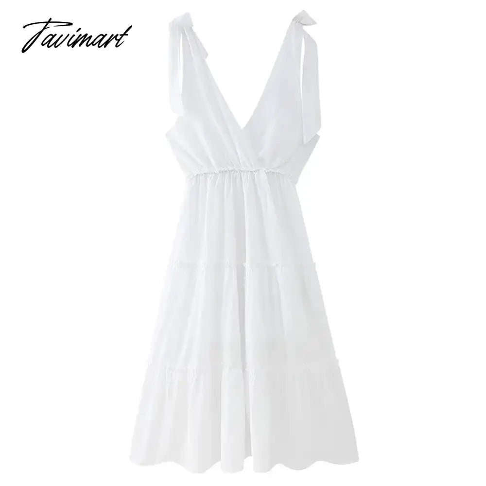 Elegant V Neck Lace Up Ruffle High Waist Summer Party платье женское Sexy Backless A-Line Boho White Midi Dress Vestidos