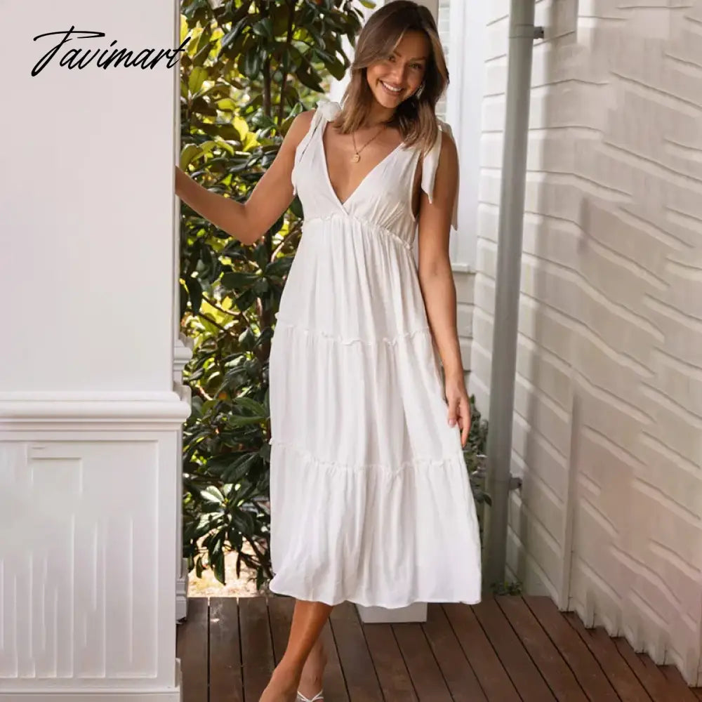 Elegant V Neck Lace Up Ruffle High Waist Summer Party платье женское Sexy Backless A-Line Boho White Midi Dress Vestidos