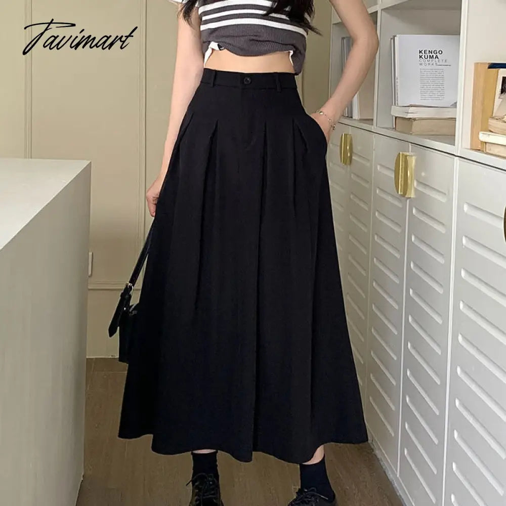 Elegant Women Long Black Suits Skirts For Female Pockets OL Casual Loose A-Line High Waist Midi Skirt Summer Autumn SK35