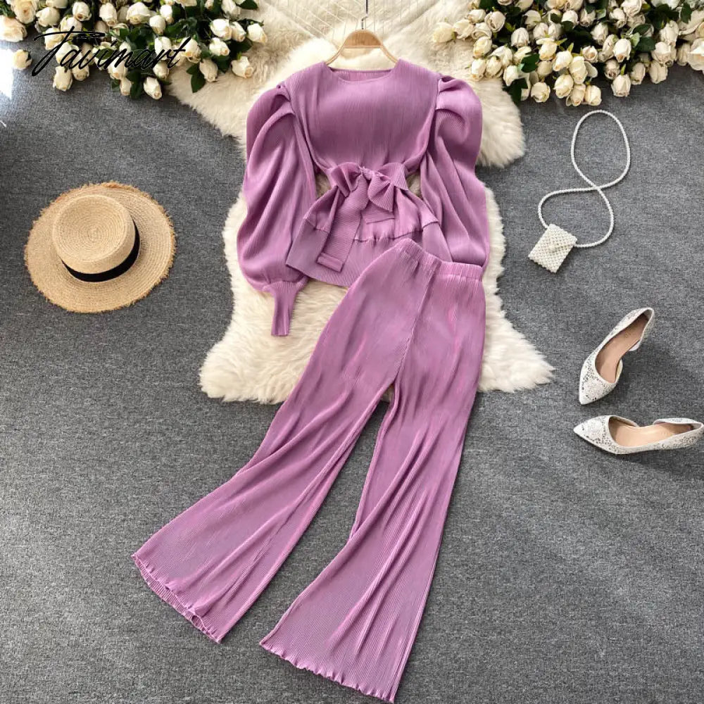 Elegant Women Purple Pant Suits Spring Autumn Solid Puff Sleeve Top Pleated Chiffon Wide-Leg Pants 2 Piece Set Female Outfit