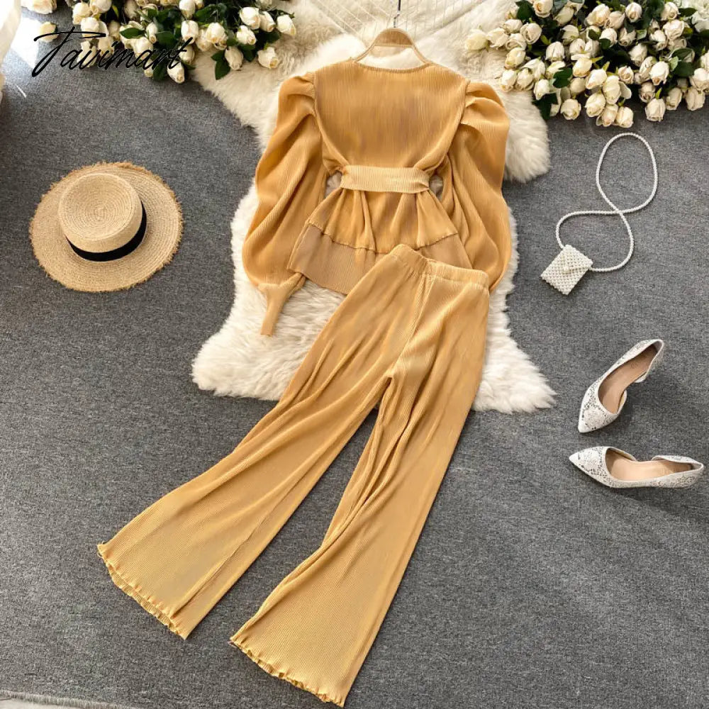 Elegant Women Purple Pant Suits Spring Autumn Solid Puff Sleeve Top Pleated Chiffon Wide-Leg Pants 2 Piece Set Female Outfit