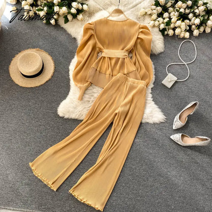 Elegant Women Purple Pant Suits Spring Autumn Solid Puff Sleeve Top Pleated Chiffon Wide-Leg Pants 2 Piece Set Female Outfit