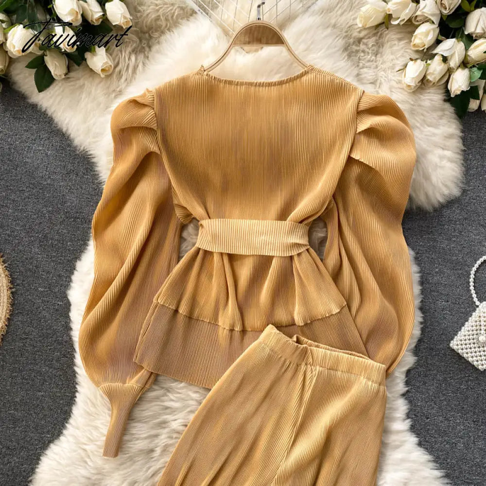 Elegant Women Purple Pant Suits Spring Autumn Solid Puff Sleeve Top Pleated Chiffon Wide-Leg Pants 2 Piece Set Female Outfit