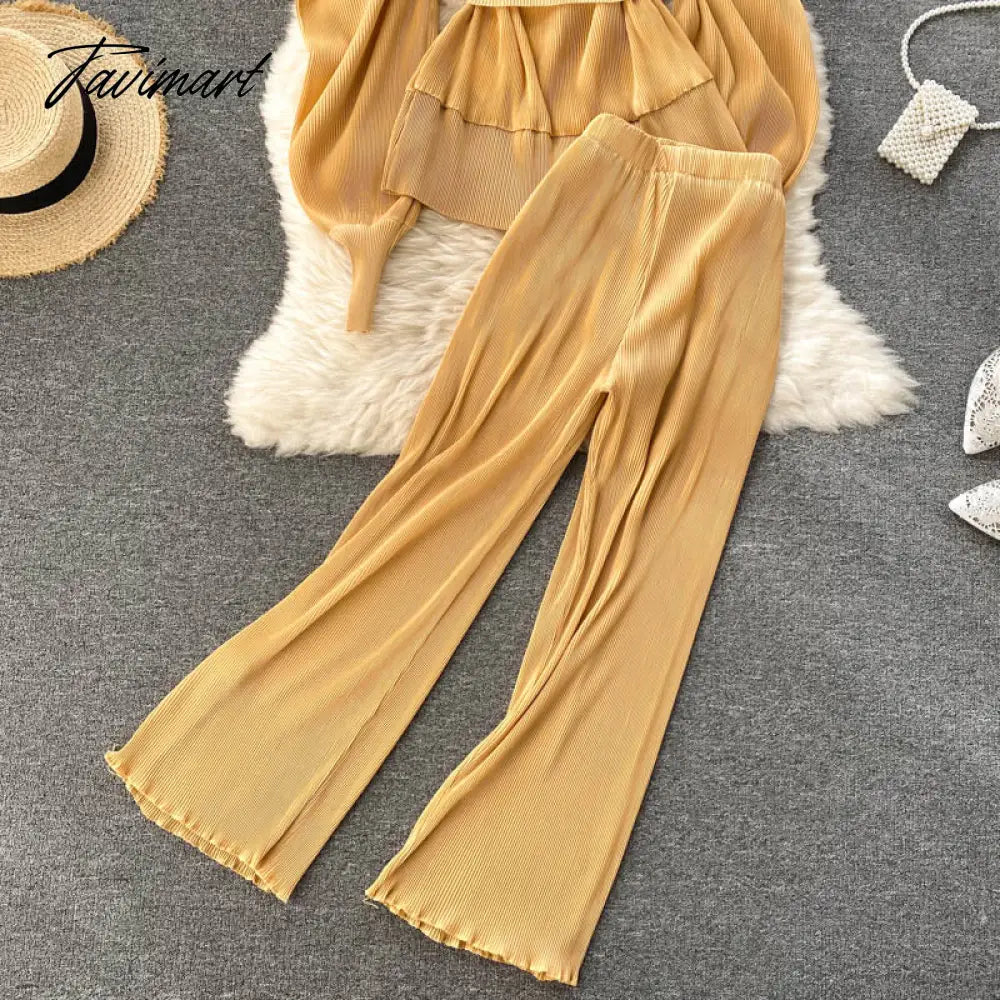 Elegant Women Purple Pant Suits Spring Autumn Solid Puff Sleeve Top Pleated Chiffon Wide-Leg Pants 2 Piece Set Female Outfit