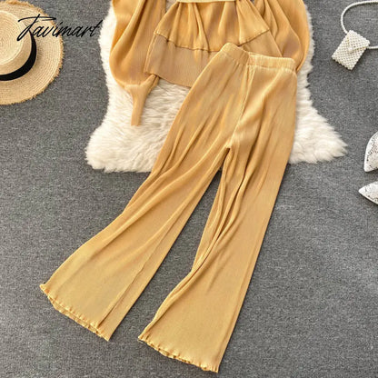 Elegant Women Purple Pant Suits Spring Autumn Solid Puff Sleeve Top Pleated Chiffon Wide-Leg Pants 2 Piece Set Female Outfit
