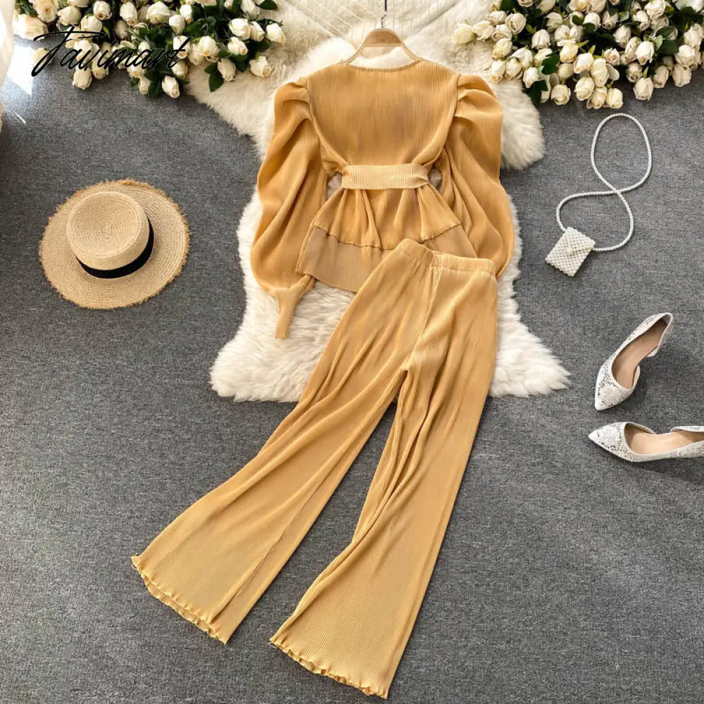 Elegant Women Purple Pant Suits Spring Autumn Solid Puff Sleeve Top Pleated Chiffon Wide-Leg Pants 2 Piece Set Female Outfit