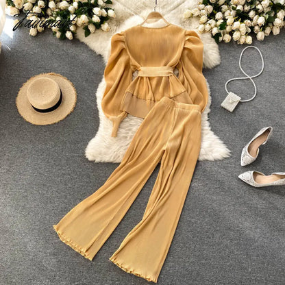 Elegant Women Purple Pant Suits Spring Autumn Solid Puff Sleeve Top Pleated Chiffon Wide-Leg Pants 2 Piece Set Female Outfit