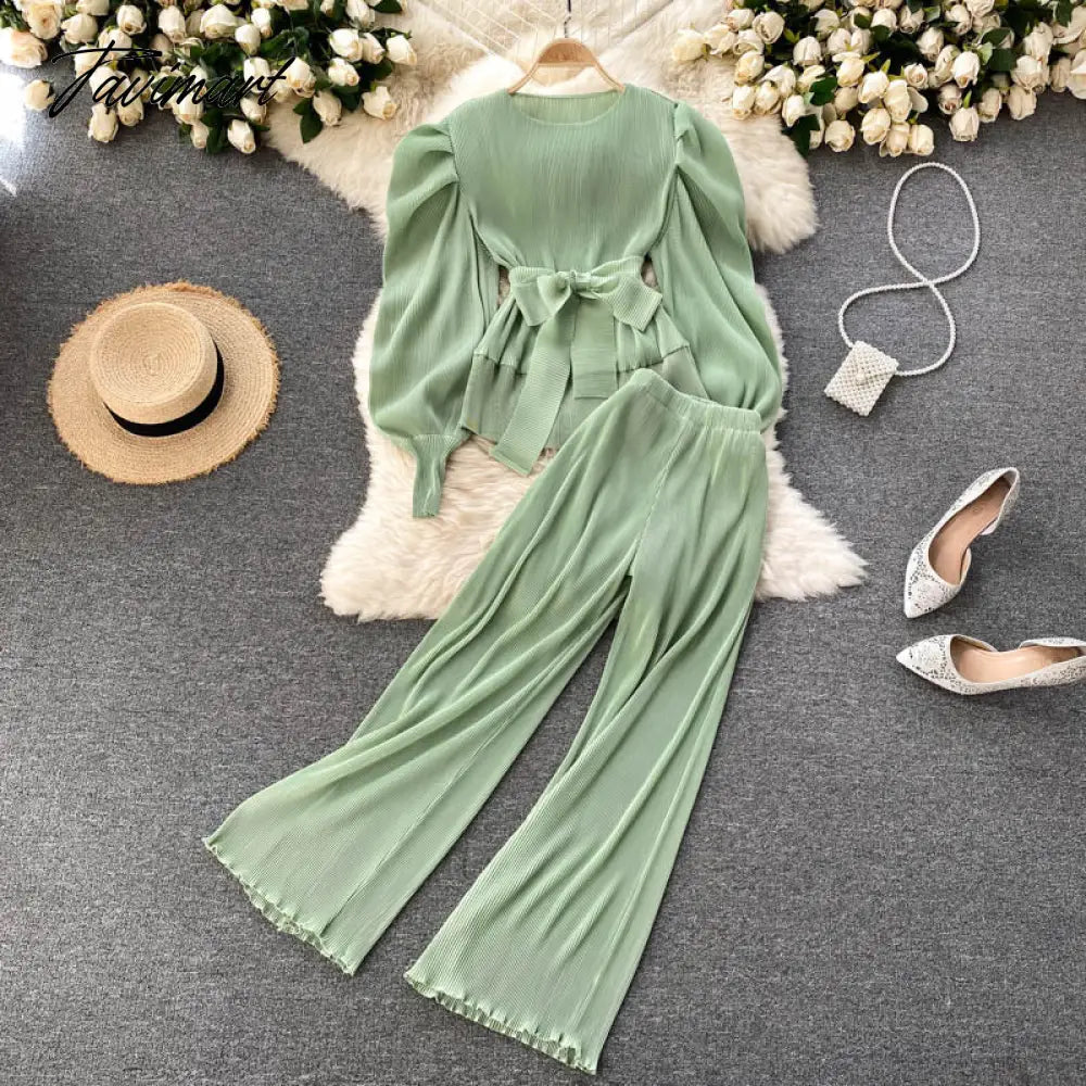 Elegant Women Purple Pant Suits Spring Autumn Solid Puff Sleeve Top Pleated Chiffon Wide-Leg Pants 2 Piece Set Female Outfit