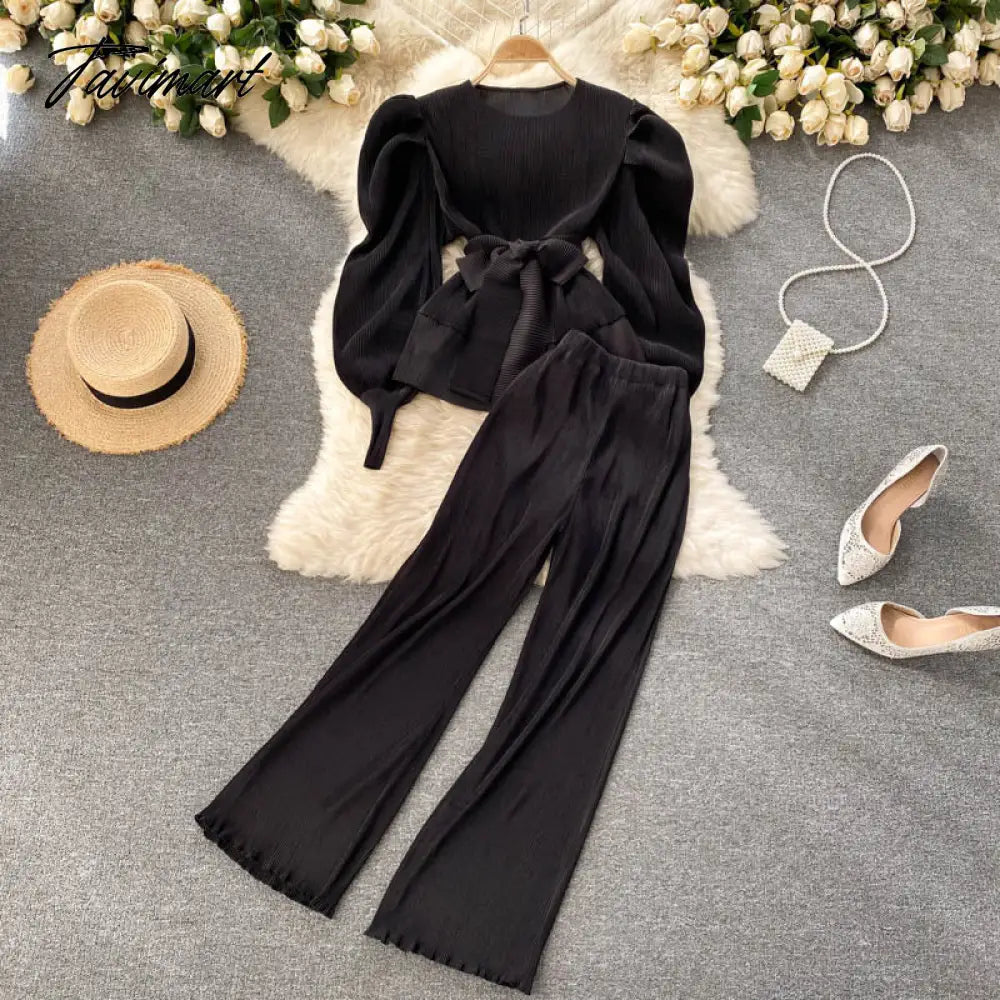 Elegant Women Purple Pant Suits Spring Autumn Solid Puff Sleeve Top Pleated Chiffon Wide-Leg Pants 2 Piece Set Female Outfit