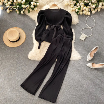 Elegant Women Purple Pant Suits Spring Autumn Solid Puff Sleeve Top Pleated Chiffon Wide-Leg Pants 2 Piece Set Female Outfit