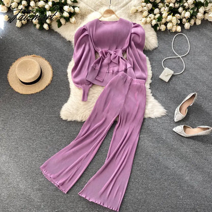 Elegant Women Purple Pant Suits Spring Autumn Solid Puff Sleeve Top Pleated Chiffon Wide-Leg Pants 2 Piece Set Female Outfit