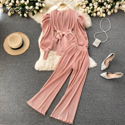 Elegant Women Purple Pant Suits Spring Autumn Solid Puff Sleeve Top Pleated Chiffon Wide-Leg Pants 2 Piece Set Female Outfit