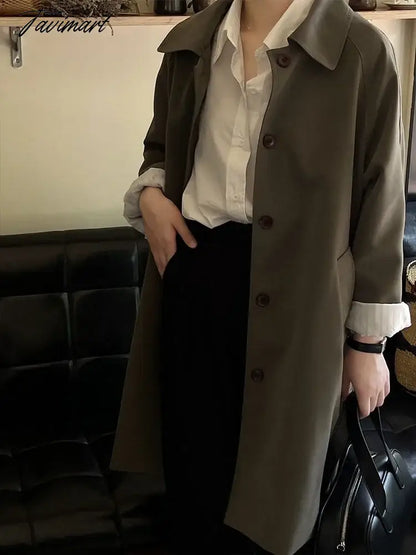 Elegant Women Trench Long Sleeve Korean Fashion Vintage Jackets Loose Casual Lapel Solid Versatile New Autumn Winter Coats