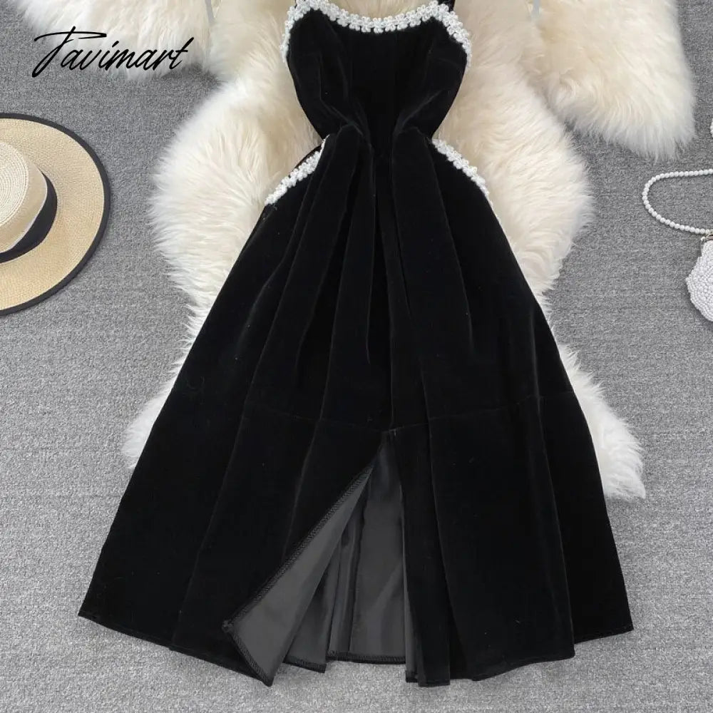Elegant Women Vintage Velvet Dress Winter Fashion Spaghetti Strap Sleeveless Floral Beading Pockets A-line Midi Party Dress