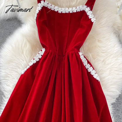 Elegant Women Vintage Velvet Dress Winter Fashion Spaghetti Strap Sleeveless Floral Beading Pockets A-line Midi Party Dress