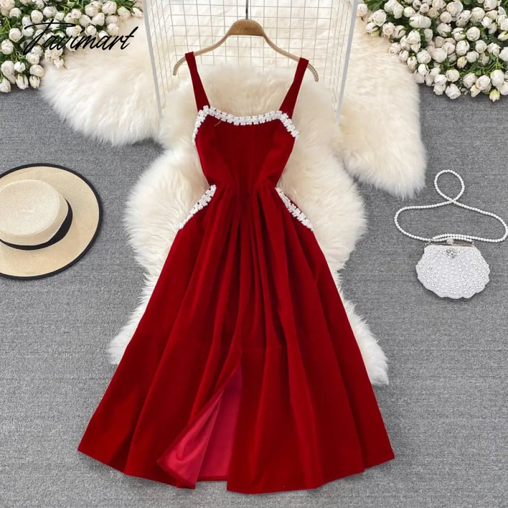 Elegant Women Vintage Velvet Dress Winter Fashion Spaghetti Strap Sleeveless Floral Beading Pockets A-line Midi Party Dress